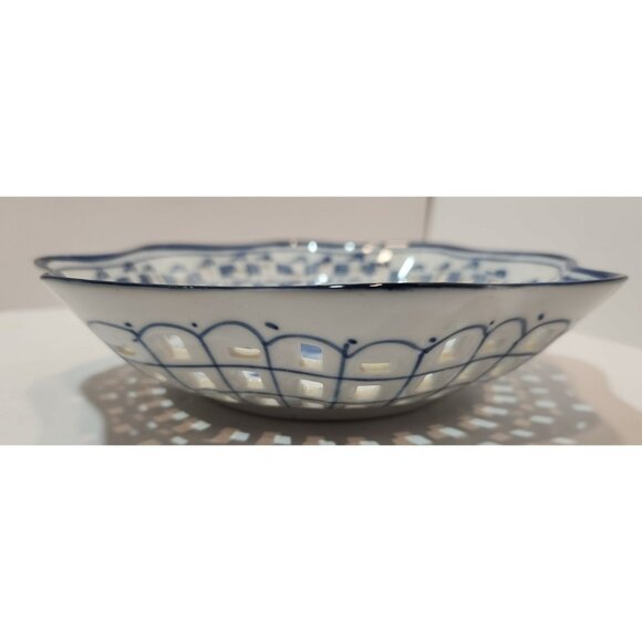 Vtg Porcelain Basketweave Reticulated Blue and White Fruit  Vtg Porcelain Basketweave Reticulated Blue and White Fruit Bowl Made in China